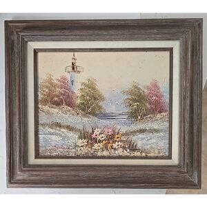 Vintage 70s Henderson Lighthouse Seascape Oil Painting Textured Framed 14x12